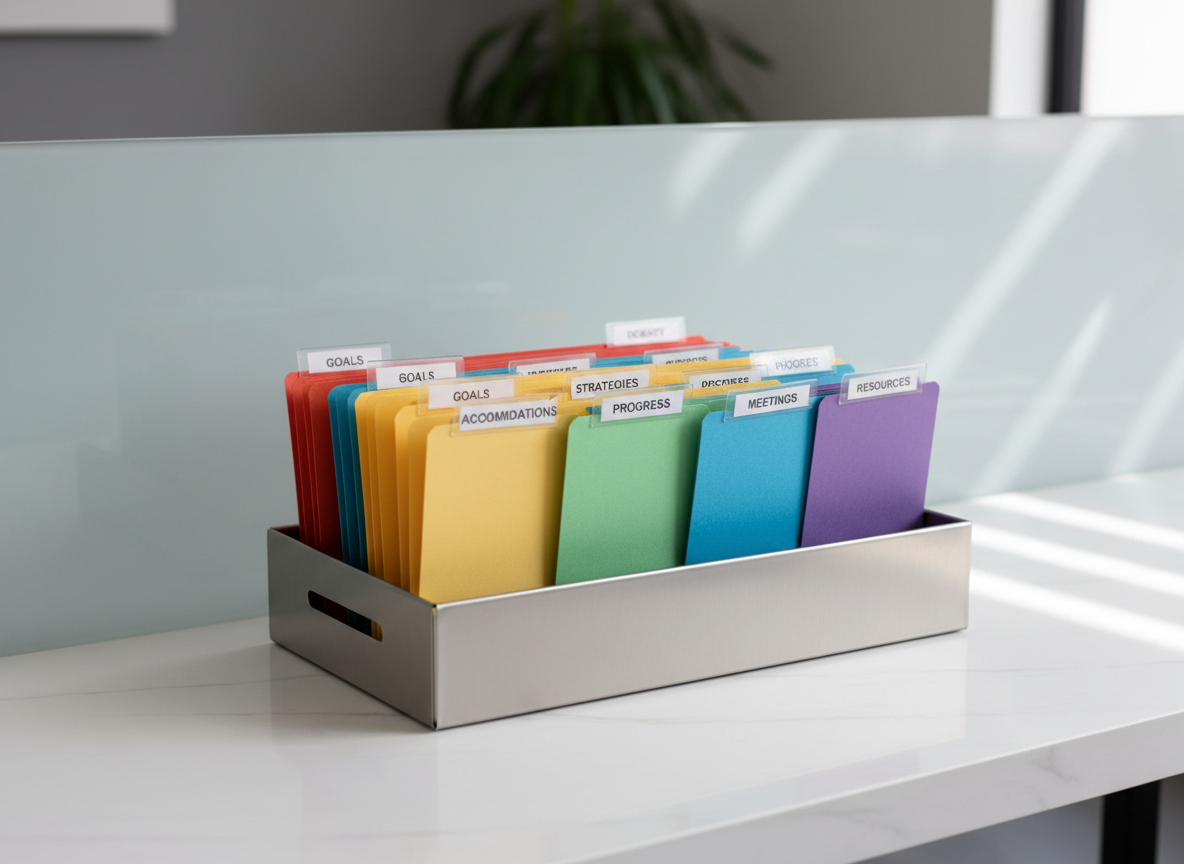 A neatly organized set of color-coded file folders with clear plastic tabs, arranged in a matte silver filing tray on a clean white desk. The tray is positioned near a frosted glass partition, with soft diffused natural light filtering through, creating gentle highlights on the folder edges and subtle, structured shadows on the desk. The background remains intentionally uncluttered, reinforcing a polished and orderly atmosphere. Photographed with an eye-level composition and sharp focus throughout, the mood is efficient, calm, and highly professional. The style is photographic realism, exuding a modern corporate feel that supports the clarity and organization central to IEP coaching.